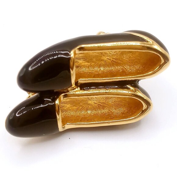 Vintage Napier Brooch Gold Tone Black Ballet Slippers Shoes Lapel Pin - Picture 1 of 9
